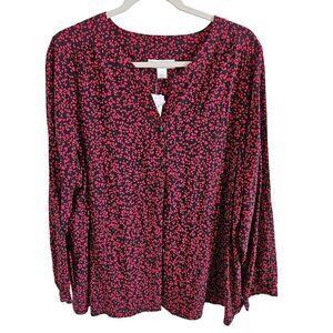 CJ Banks Woman NWT Size 1X Blouse Red & Black Textured Button Up V Neck Colorful